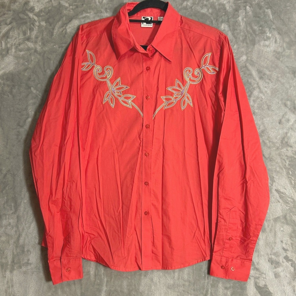 Rockies‎ Red Western Embroidered Long Sleeve Button Up Shirt XL Cotton